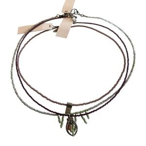 Free Spirit Peyote Bird Beaded Layered Necklace Silver Green Purple